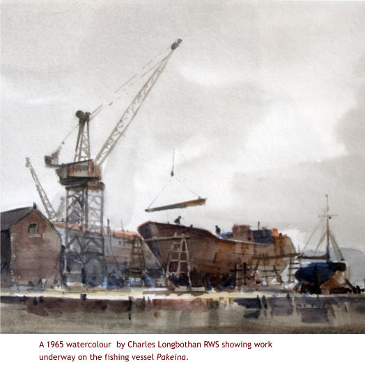 A 1965 watercolour  by Charles Longbothan RWS showing work underway on the fishing vessel Pakeina.