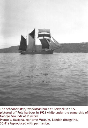 The schooner Mary Watkinson built at Berwick in 1872 pictured off Pole harbour in 1921 while under the ownership of George Grounds of Runcorn. Photo: © National Maritime Museum, London (Image No. 30.41) Reproduced with permission.