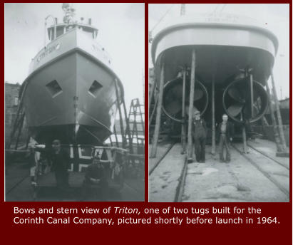 Bows and stern view of Triton, one of two tugs built for the Corinth Canal Company, pictured shortly before launch in 1964.